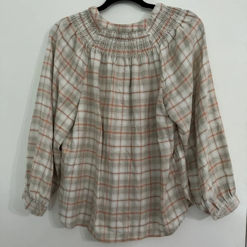 LOFT Plaid Smocked Henley Top Blouse Cream Gray Orange Women's, Size M
